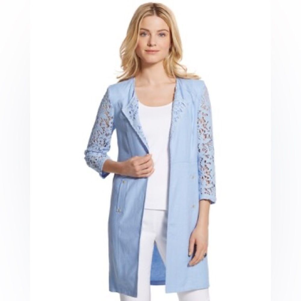 Chicos Lovely Lace Mix Duster Jacket Parisian blue sz8